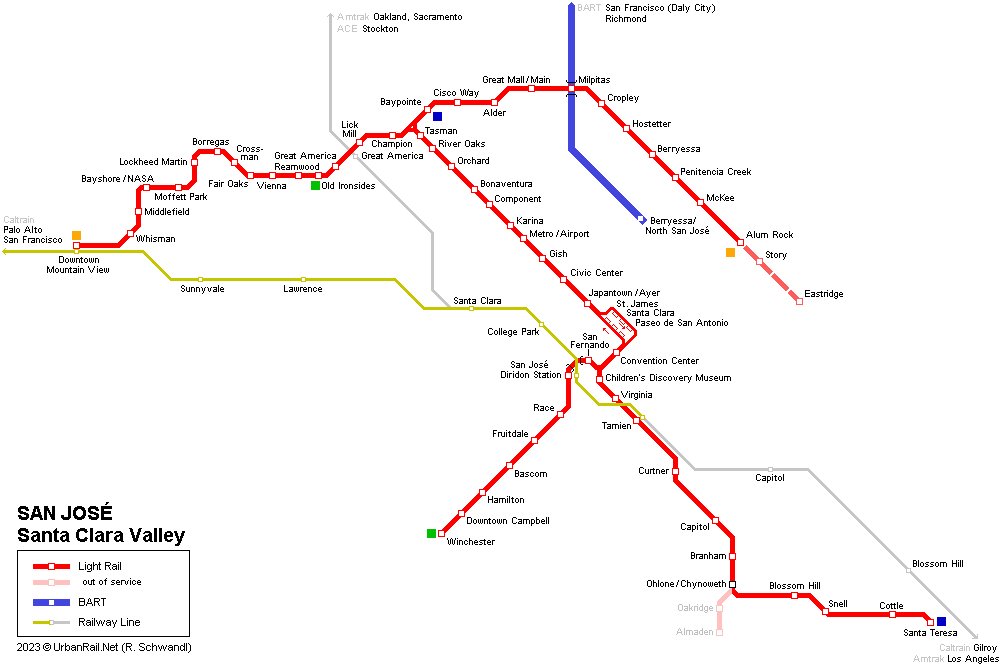 San José light rail map 2008 © Robert Schwandl