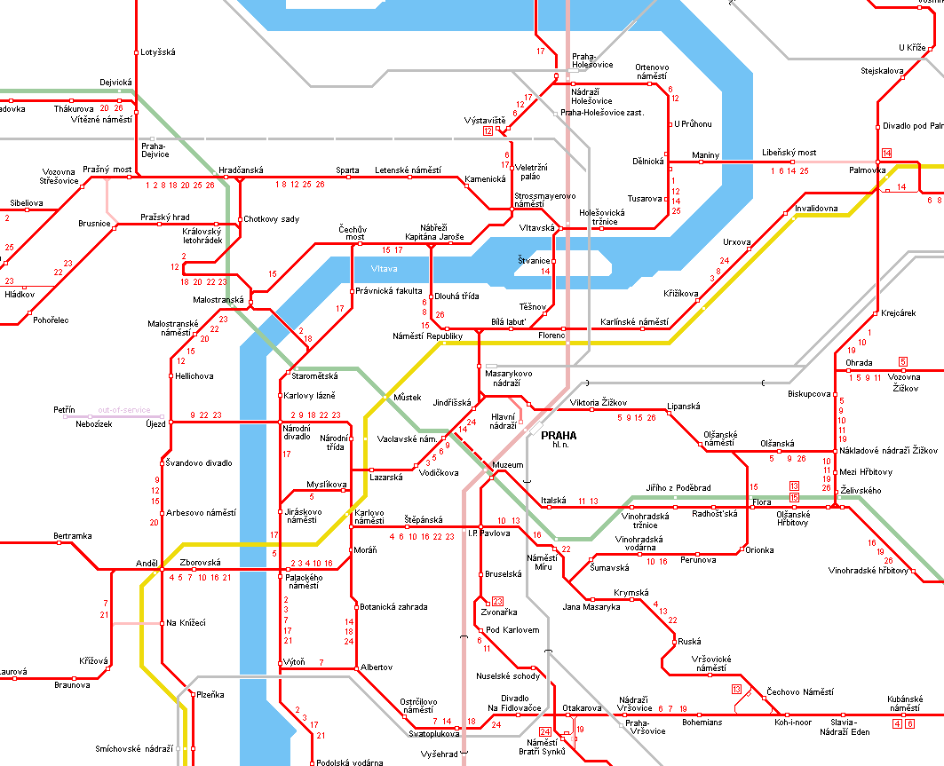 Praha Prague Tram Network Map