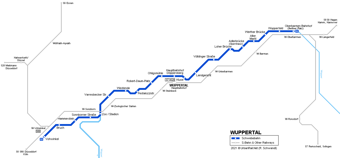 Wuppertal Schwebebahn Map © UrbanRail.Net